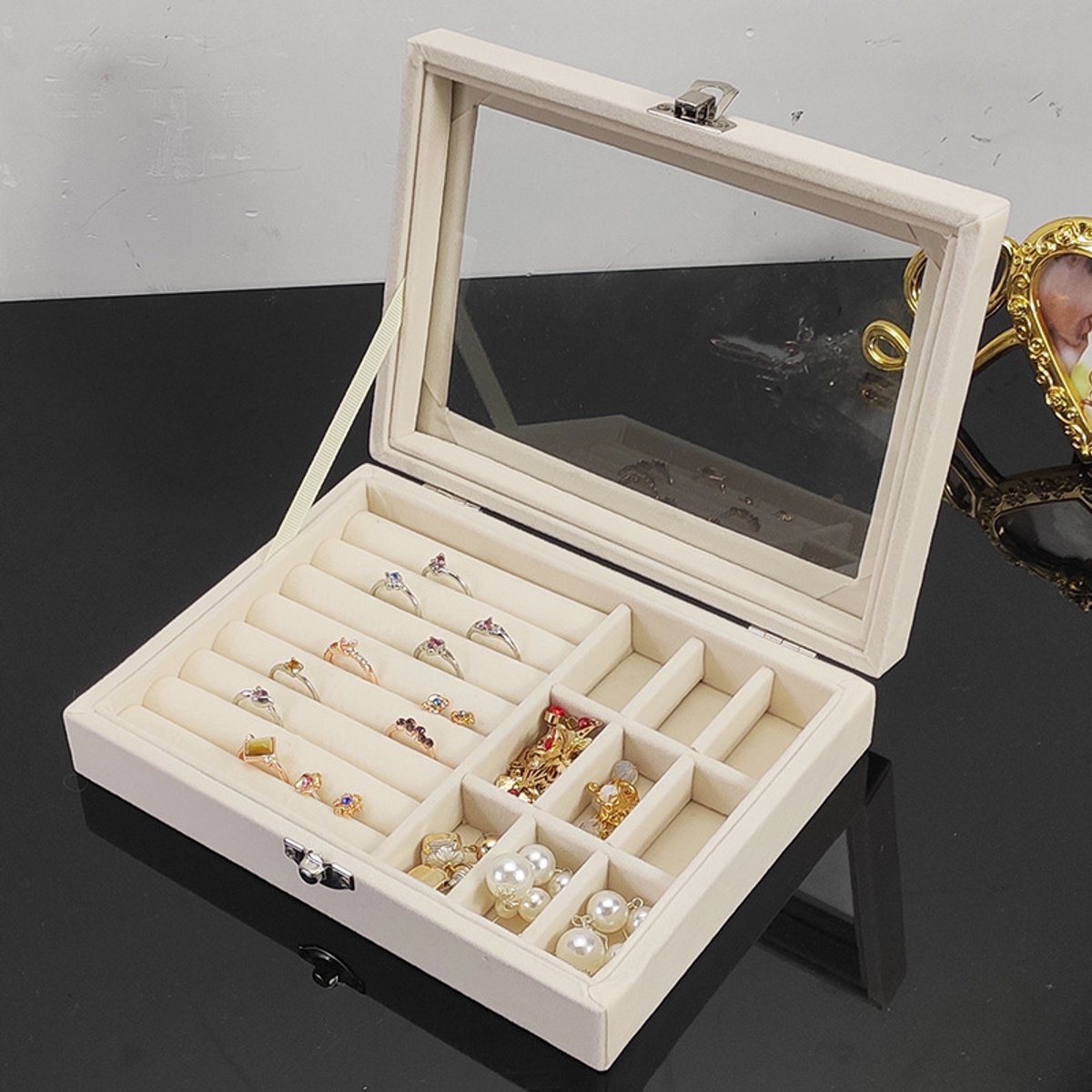 Jewelry Box - Jewelry Box with Glass Lid and Lock - 9 Compartment Jewelry Organizer - Suitable for storing earrings, bracelets and women's jewelry. - Image 1
