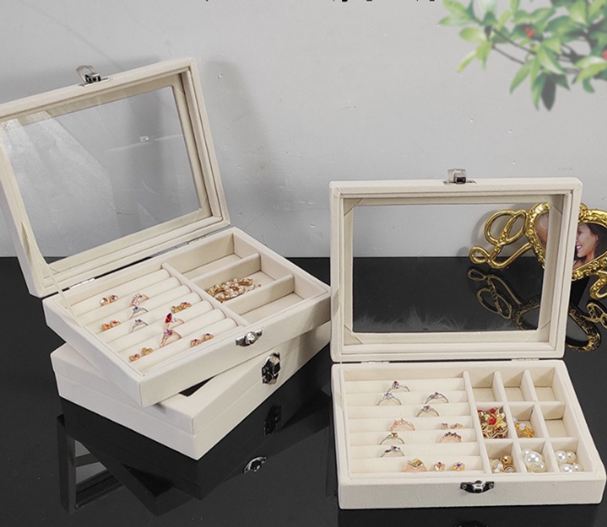 Jewelry Box - Jewelry Box with Glass Lid and Lock - 9 Compartment Jewelry Organizer - Suitable for storing earrings, bracelets and women's jewelry. - Image 4