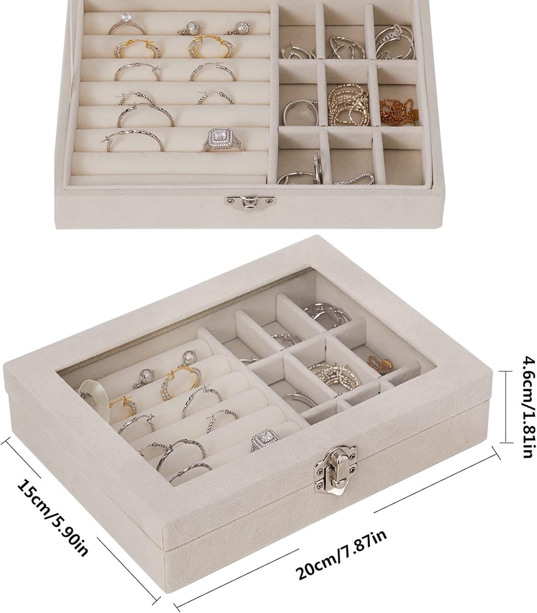 Jewelry Box - Jewelry Box with Glass Lid and Lock - 9 Compartment Jewelry Organizer - Suitable for storing earrings, bracelets and women's jewelry. - Image 5