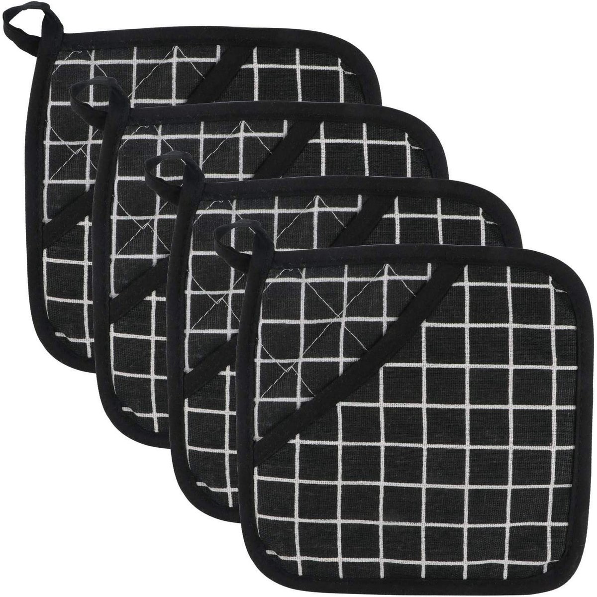 Potholders - Cotton Potholders - Fabric Mitts - Heat Resistant Placemats - Square Potholders - with Pockets - Set of 4 for Cooking and Baking in the Kitchen - Black and White - Image 1