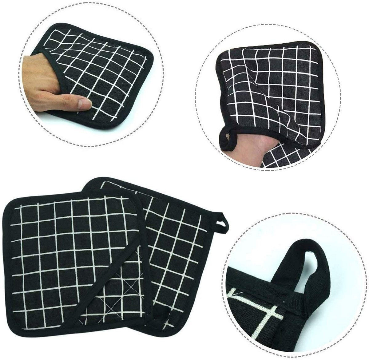 Potholders - Cotton Potholders - Fabric Mitts - Heat Resistant Placemats - Square Potholders - with Pockets - Set of 4 for Cooking and Baking in the Kitchen - Black and White - Image 2