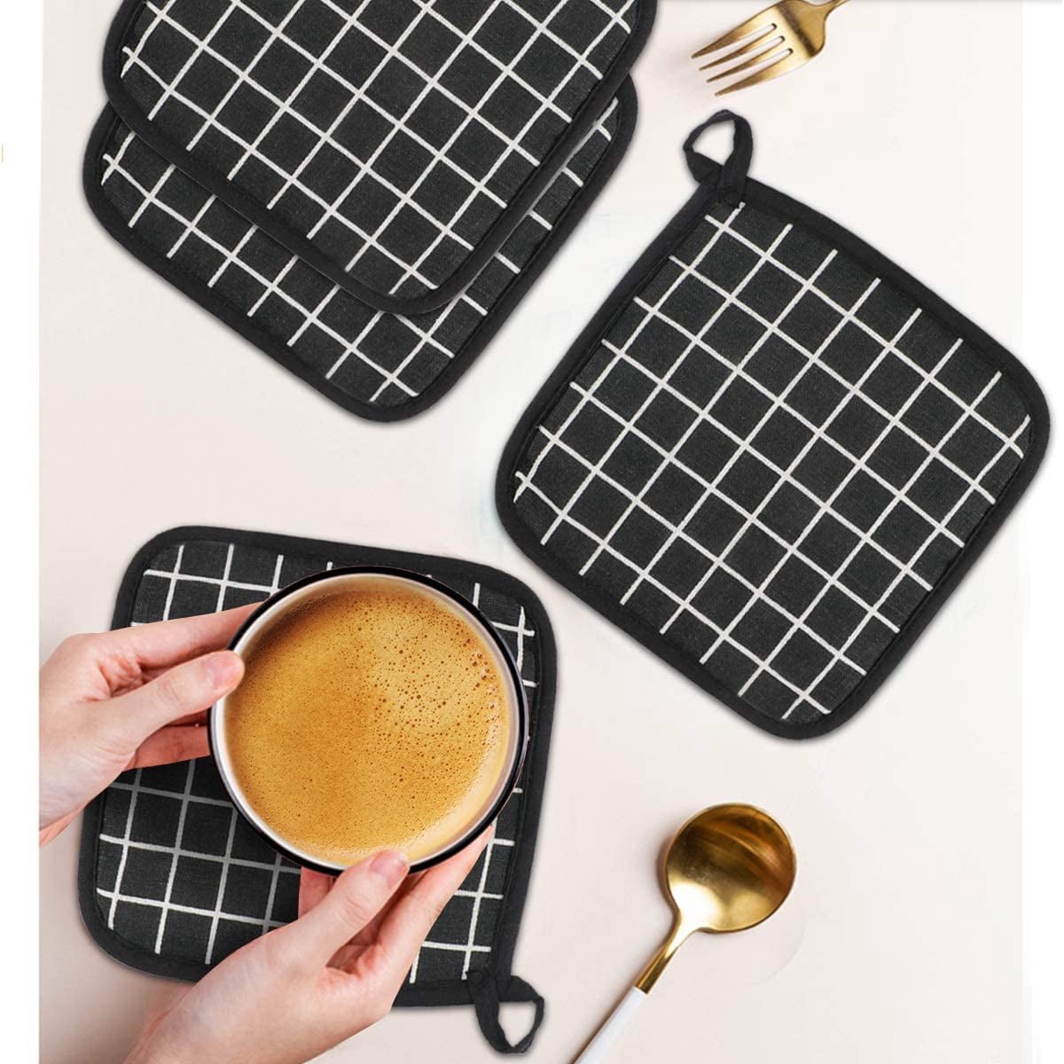 Potholders - Cotton Potholders - Fabric Mitts - Heat Resistant Placemats - Square Potholders - with Pockets - Set of 4 for Cooking and Baking in the Kitchen - Black and White - Image 5