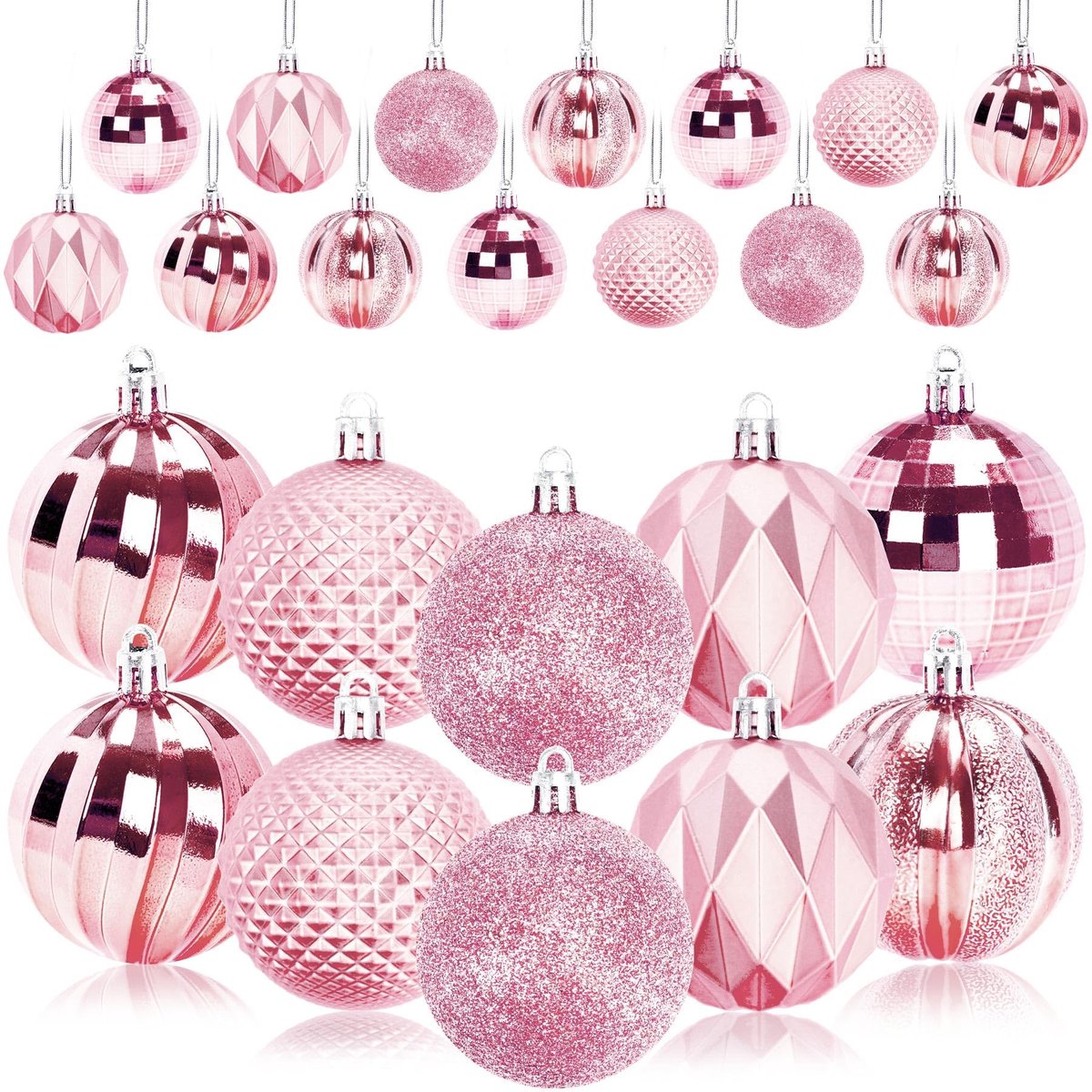 Christmas Baubles - Pack of 24 - Large Size, 6cm Diameter - Unbreakable Plastic - Christmas Tree Decoration - Various Christmas Bauble Decorations Suitable for Weddings, Mother's Day Party Decorations (Pink) - Image 1