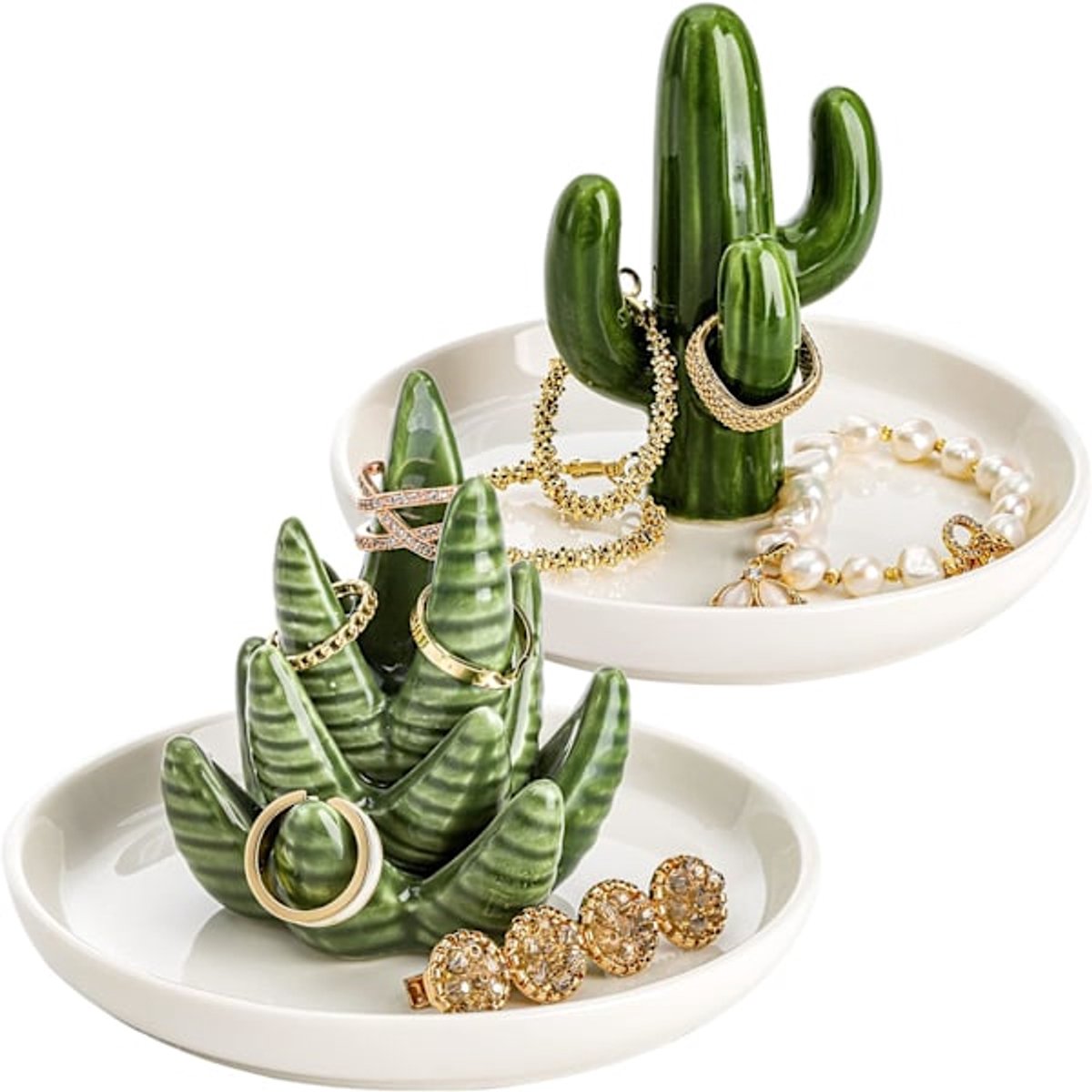 Two-Piece Jewelry Display Set - Aloe Vera and Cactus Ring Organizer Set - Ceramic - Jewelry Organizer - Bracelet, Earring, and Necklace Organizer with Leaf Decorations - Decorative Items - Image 1