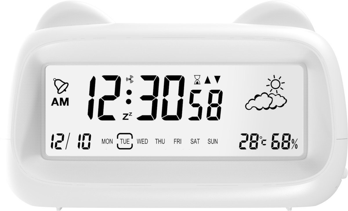 Alarm Clock - Digital Alarm Clock - Digital Clock - Smart Alarm Clock - Electronic Calendar - Cat-shaped Alarm Clock with Light - Real-time Temperature and Humidity Monitoring - Weather Display - Large Night Light Screen - USB Charging（White） - Image 1