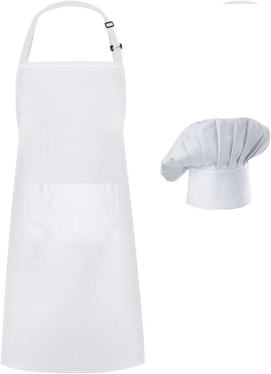 Apron and Hat Set - Adjustable Chef's Hat and Apron - Unisex Baker's Clothing (White) - Image 1