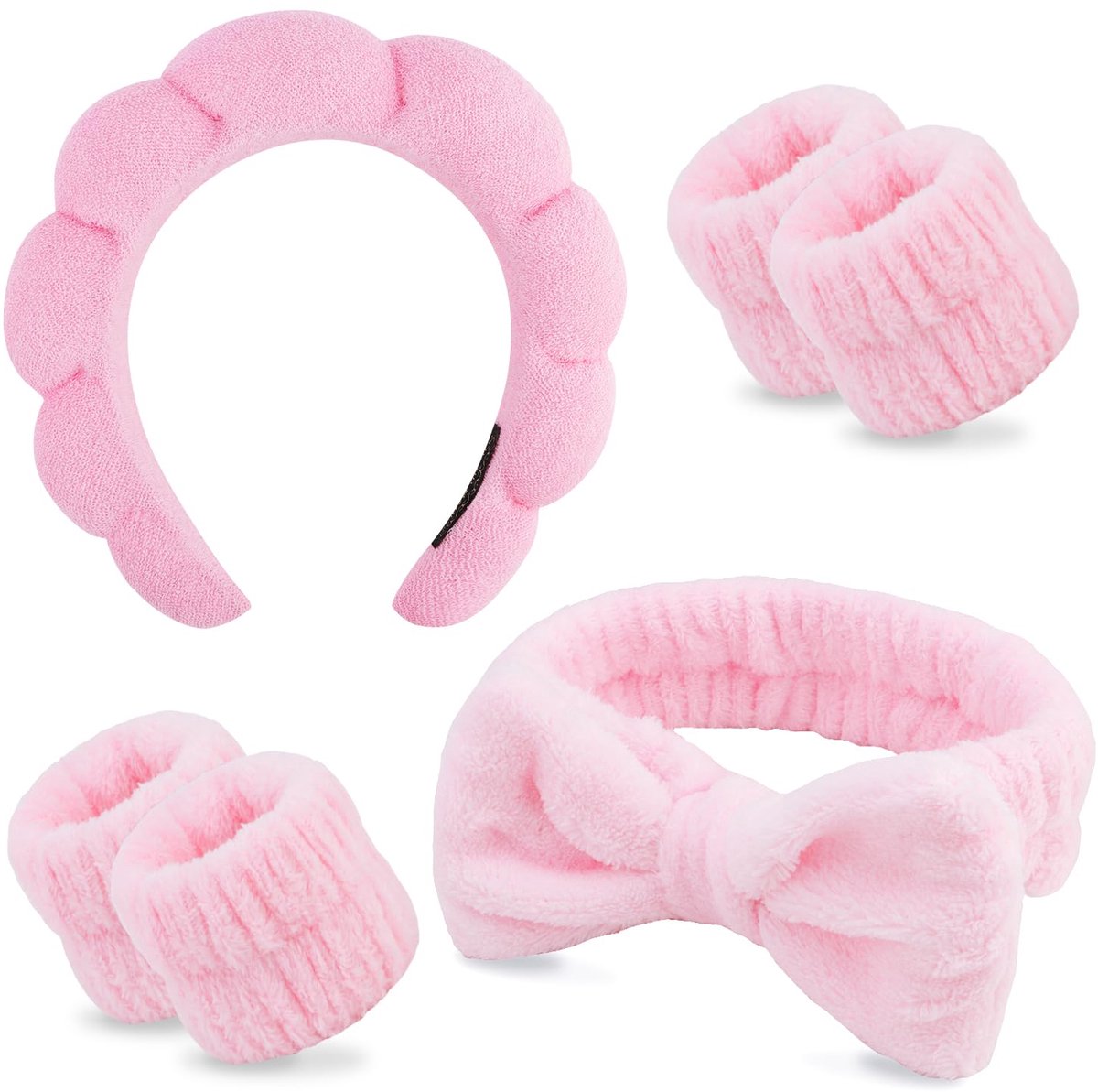 Winter Headband for Women - Set of 4 - Pink Makeup Headband and Wristband Set - Suitable for Facial Cleansing and Skin Care - Christmas Gift - Birthday Gift, Gift for Girls - Image 1