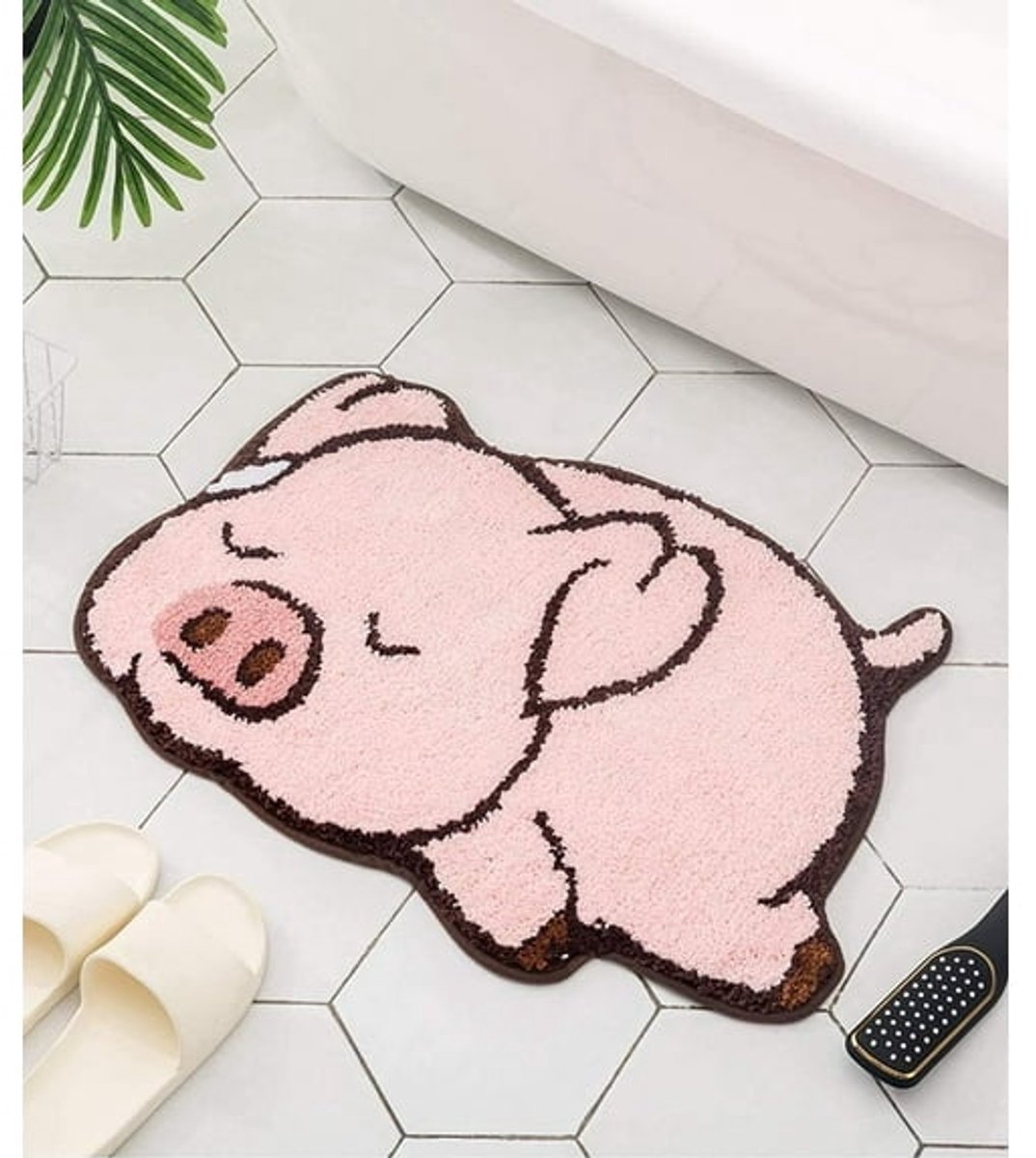 Thick and soft pink bath mat with pig motif - bath mat - bathroom showroom - non-slip bath mat - play mat - home decoration - indoor mat (sleeping pig) - Image 1