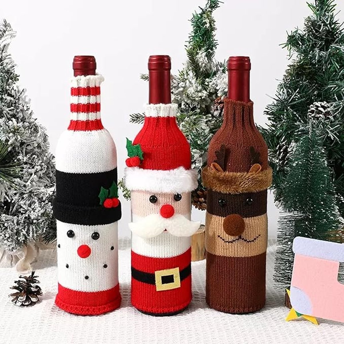 Wine Bottle Cover - Christmas Wine Bottle Cover - Hand-Knitted Cartoon Decorated Bottle Cover - Christmas Gifts for Adults - Perfect for Holiday Party Decorations (3-Piece Set) - Image 1