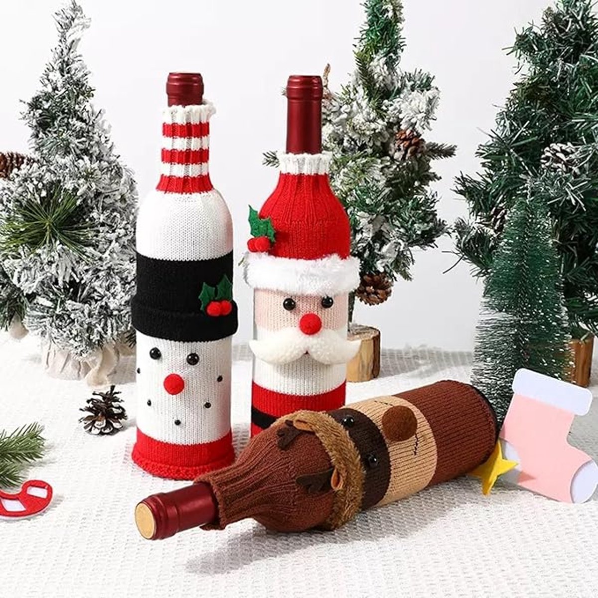 Wine Bottle Cover - Christmas Wine Bottle Cover - Hand-Knitted Cartoon Decorated Bottle Cover - Christmas Gifts for Adults - Perfect for Holiday Party Decorations (3-Piece Set) - Image 5