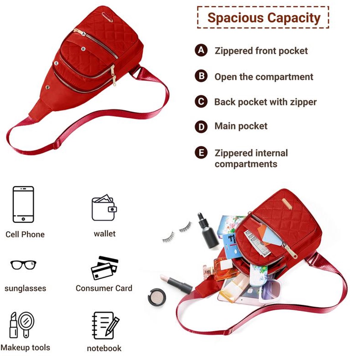 Unisex Shoulder Bag - 5 Storage Pockets & Cable Grommet - Women's Crossbody Bag - Men's Crossbody Bag - Crossbody Bags - Sling Bag - Adjustable Carrying Style (Cross/Shoulder/Chest) - Pink - Image 6