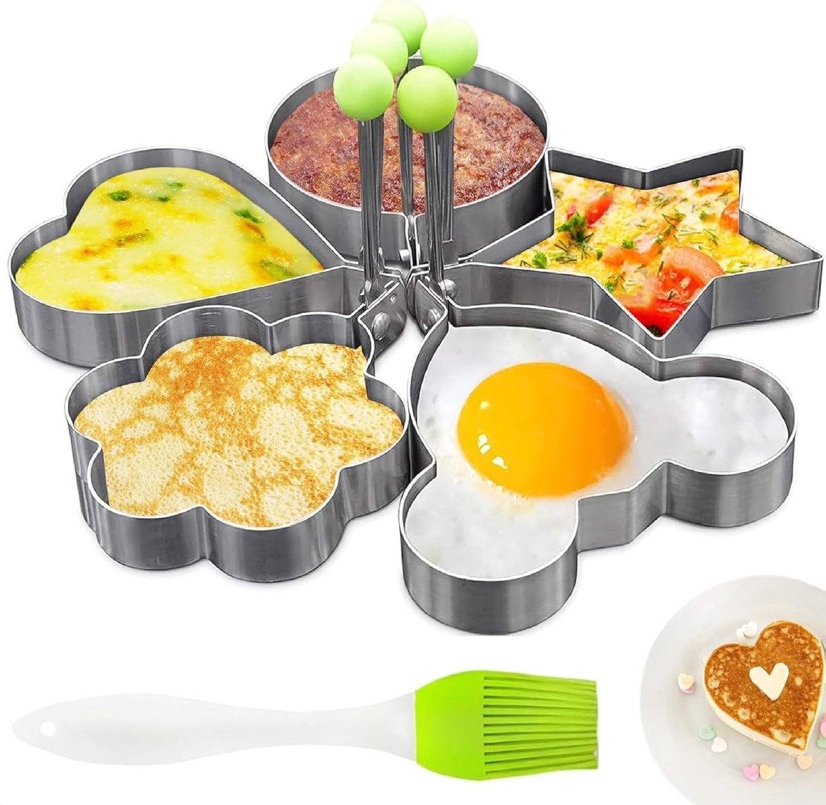 Stainless Steel Egg Baking Mold - 5 Pieces - Egg Baking Mold - Kitchen Utensils - DIY Model Egg Baking Mold - 5 Piece Creative Breakfast Set - Circle, Heart, Flower, Five-Pointed Star and Mickey Mouse Shapes - Image 1