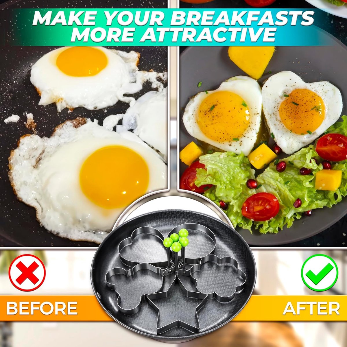 Stainless Steel Egg Baking Mold - 5 Pieces - Egg Baking Mold - Kitchen Utensils - DIY Model Egg Baking Mold - 5 Piece Creative Breakfast Set - Circle, Heart, Flower, Five-Pointed Star and Mickey Mouse Shapes - Image 2