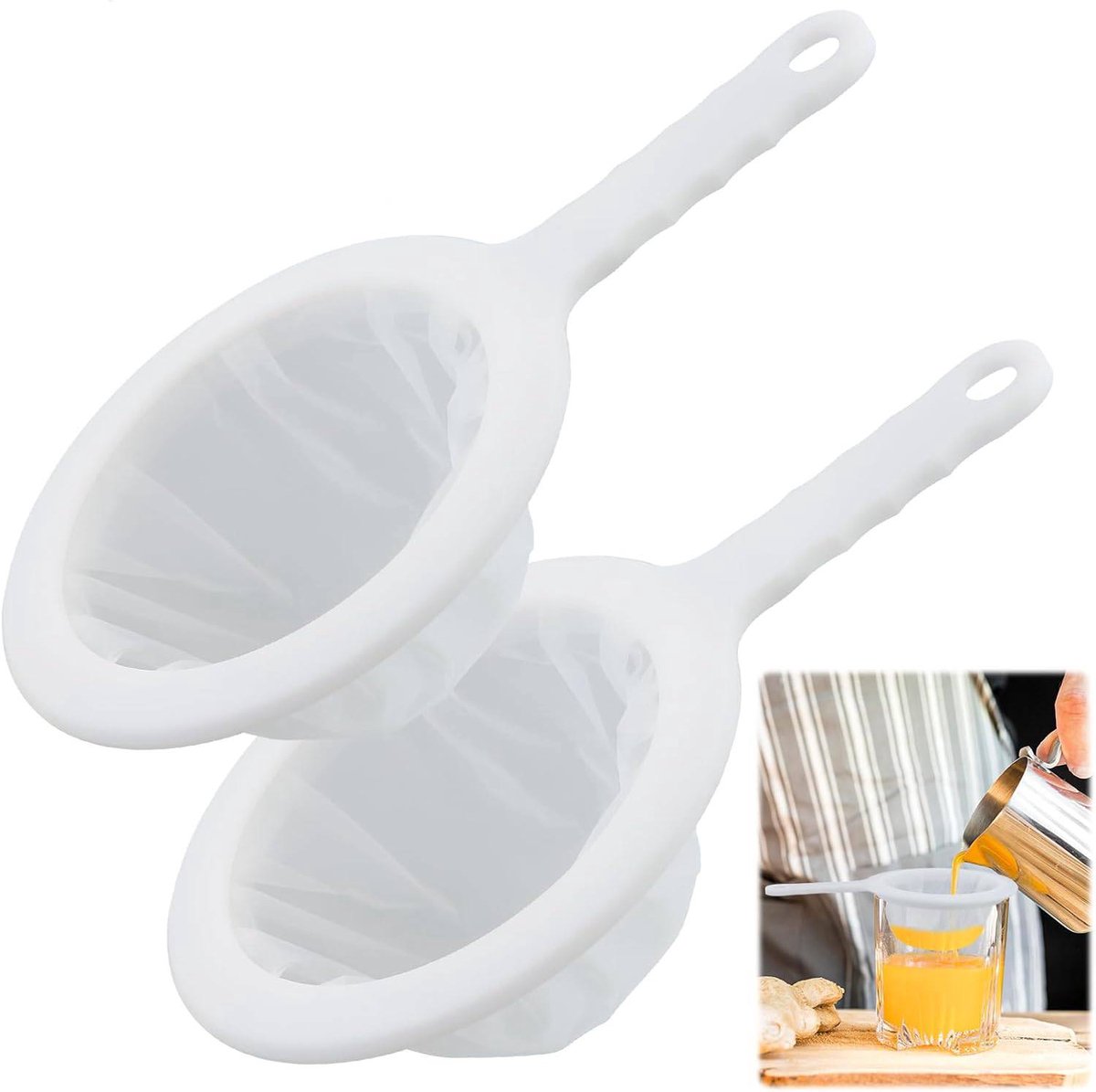2-Piece Food Strainer - Mesh Sieve - Sieve Filter - Reusable Strainer - for Oil, Coffee, Tea, Juice, Wine (200 Mesh) - White - Image 1