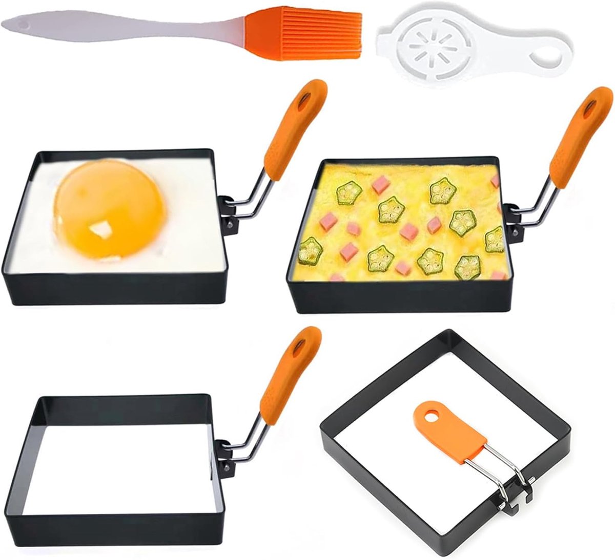 Egg Packaging - Pack of 4 - Egg Packaging - Square Egg Packaging - Non-stick Stainless Steel Square Shape - Square Omelette Mold - With Silicone Insulated Handle - 10x8cm - Image 1