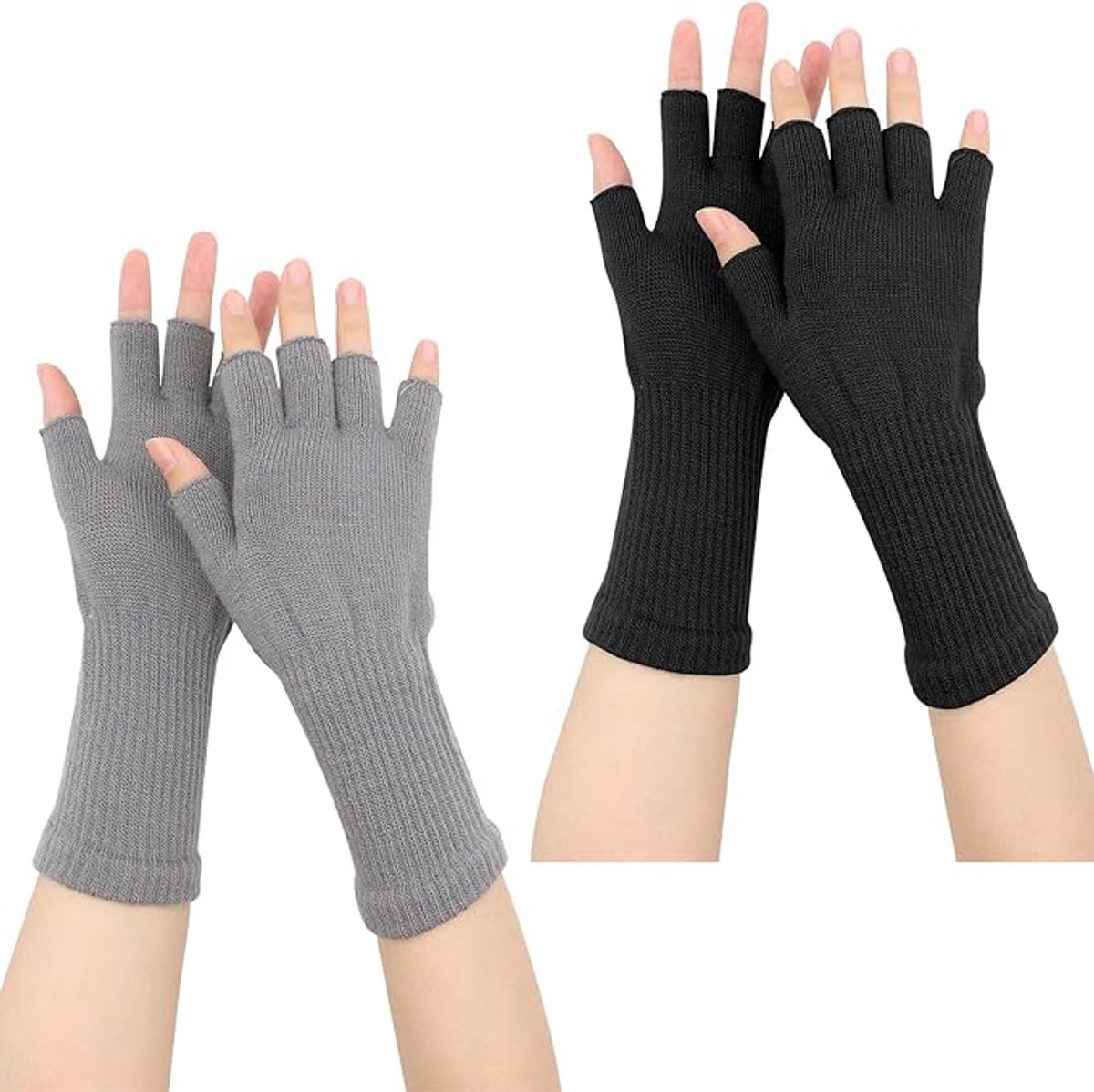 2 pairs of fingerless gloves - plain gloves for fall and winter - warm gloves with half fingers - long knitted - fingerless gloves - one size fits all - wristbands - black and gray - Image 1