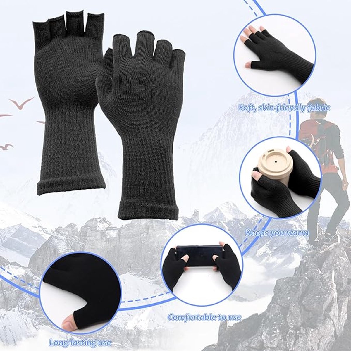 2 pairs of fingerless gloves - plain gloves for fall and winter - warm gloves with half fingers - long knitted - fingerless gloves - one size fits all - wristbands - black and gray - Image 3