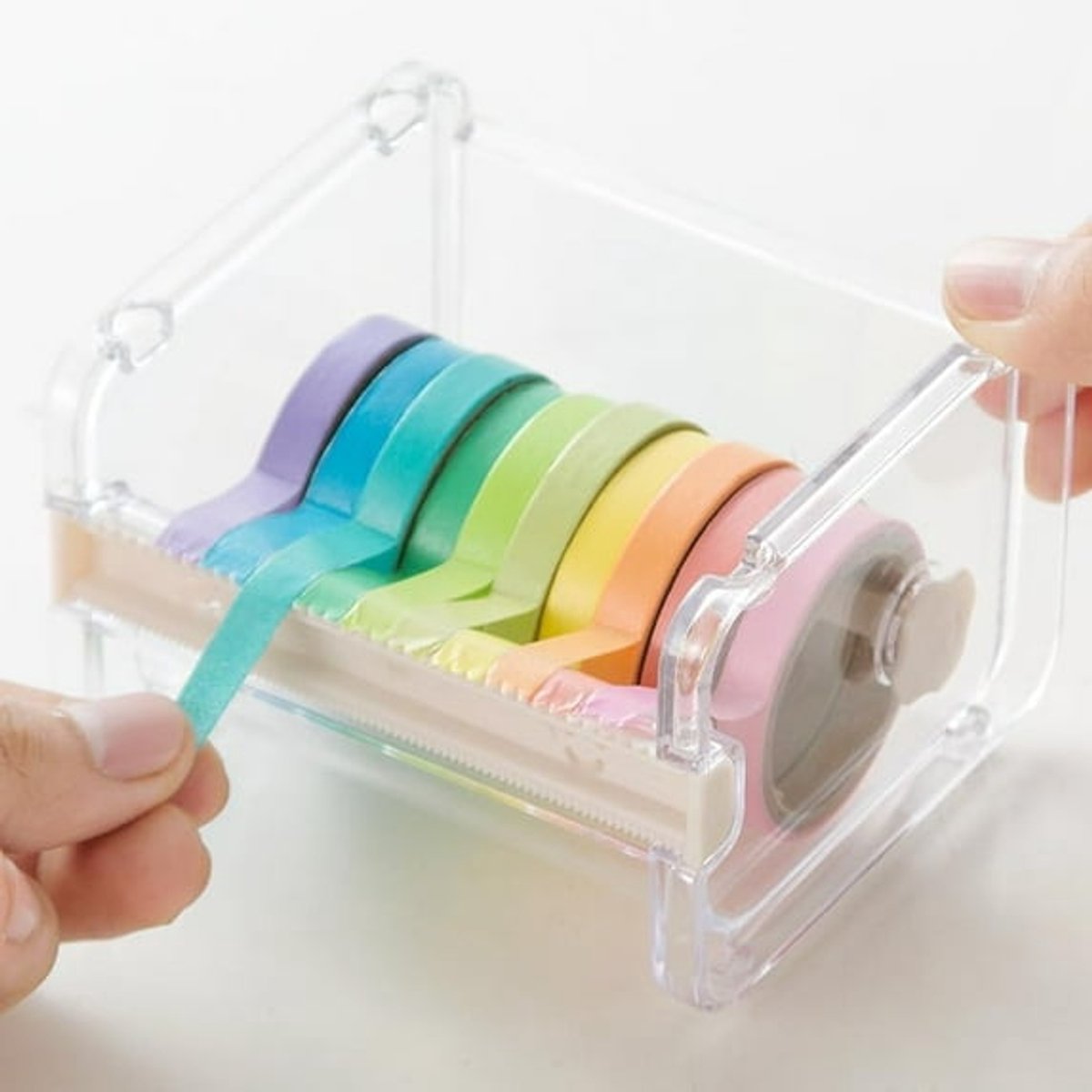Transparent, visible packaging tape dispenser - holder for cutting tape - organizer, holder for desk and office tape - holder for self-adhesive roll tape dispenser - storage tape, cutting tape - adhesives and fasteners - Image 2