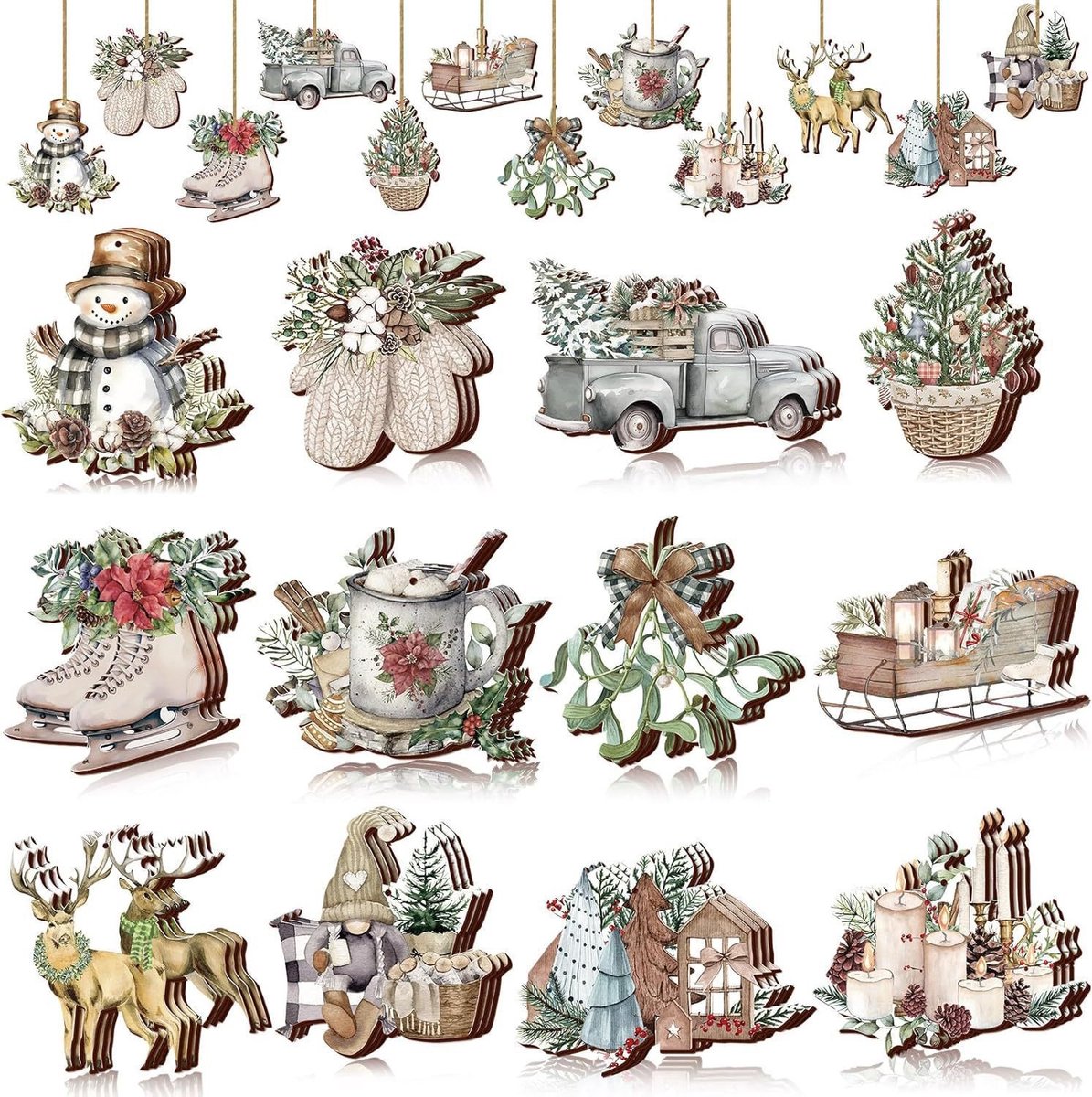 Christmas tree decorations (12 pieces) - Indoor Christmas decorations - Wooden Christmas tree decorations - Snowman - Sleigh - Reindeer set - Christmas decorations - Christmas decorations - Style A - Image 1