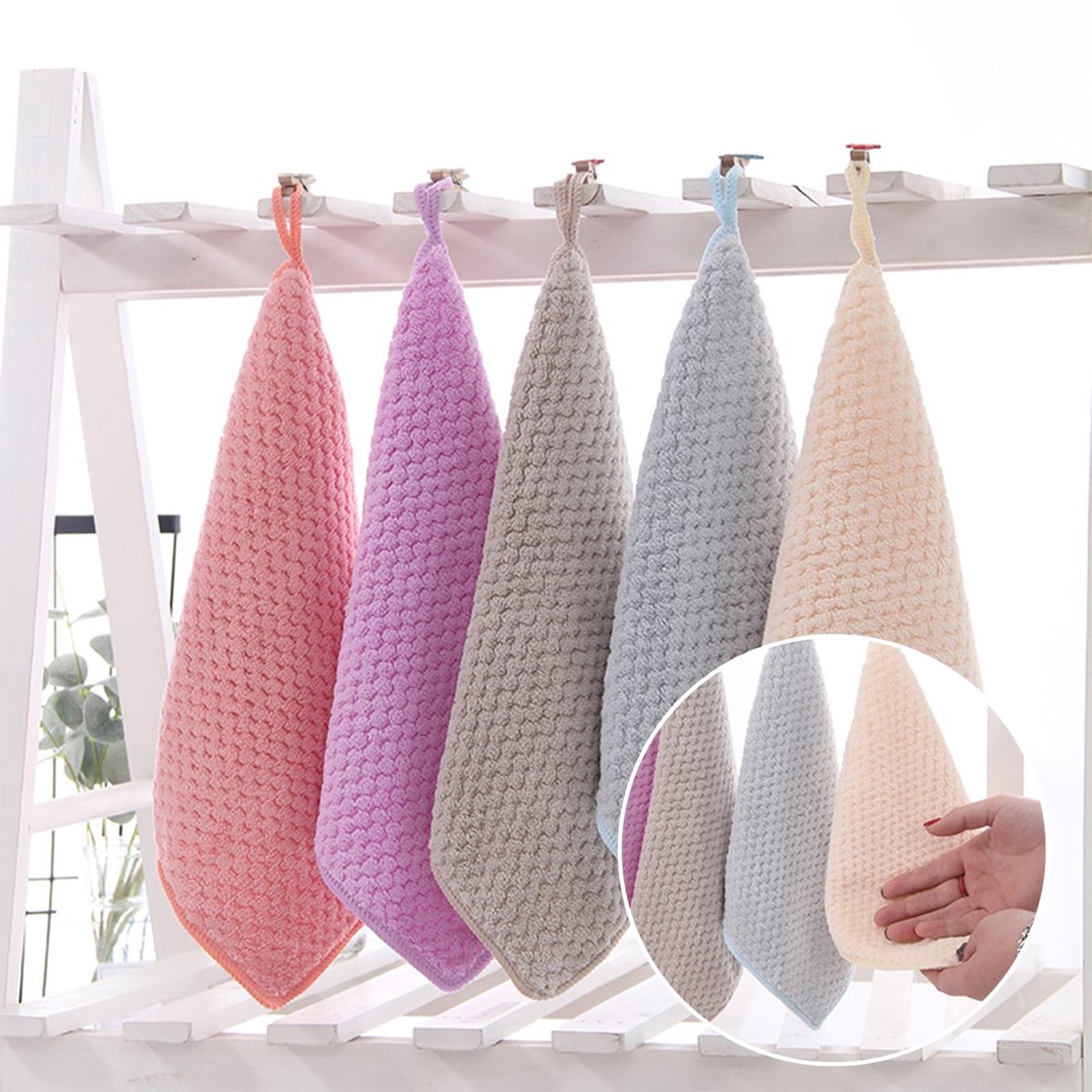 5-pack - Hanging ring, machine washable, quick drying - Hanging towels - Kitchen and bathroom towel strips (beige + pink + blue + purple + gray) - Image 2