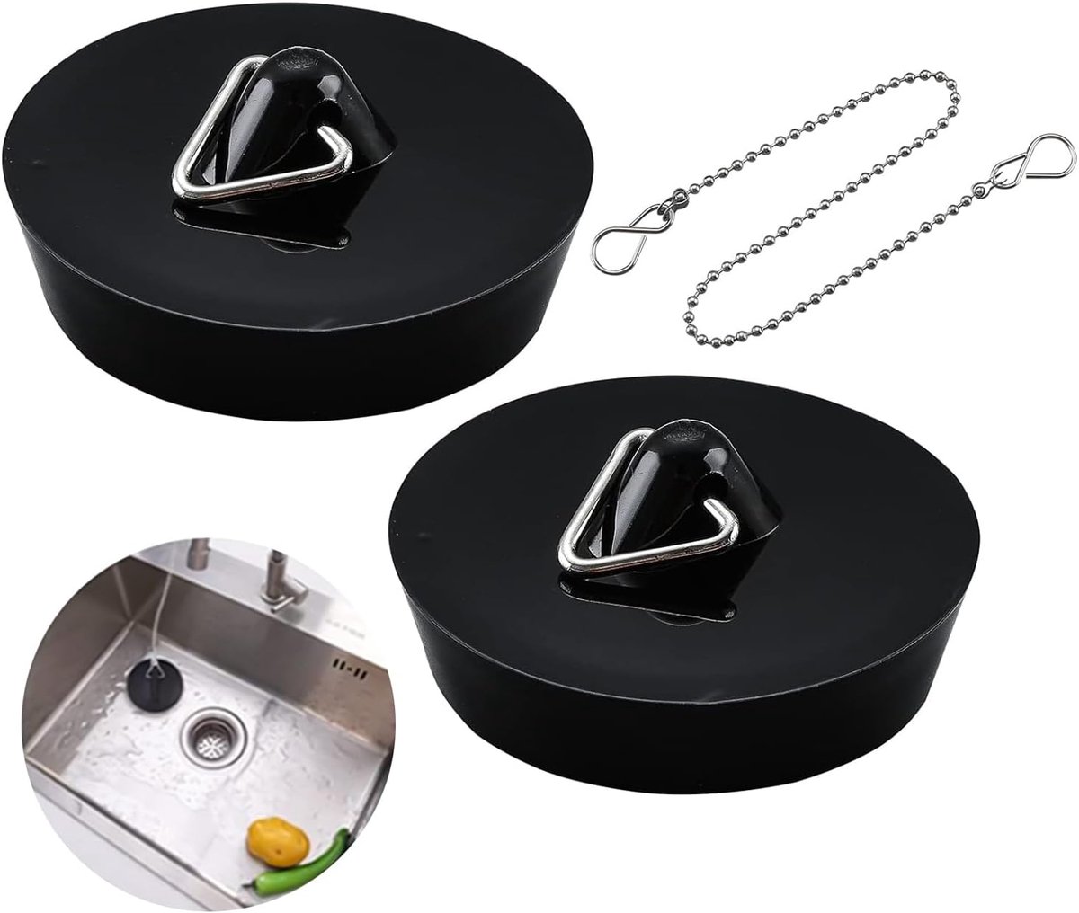 2-Pack Drain Plug - Sink Plug - Bath Plug for Home - Universal Plug Set - Diameter 42-45 mm - For Sinks - Kitchen Sink Plug Chain - Black - Image 1