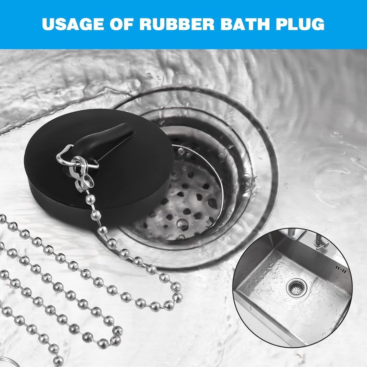 2-Pack Drain Plug - Sink Plug - Bath Plug for Home - Universal Plug Set - Diameter 42-45 mm - For Sinks - Kitchen Sink Plug Chain - Black - Image 6