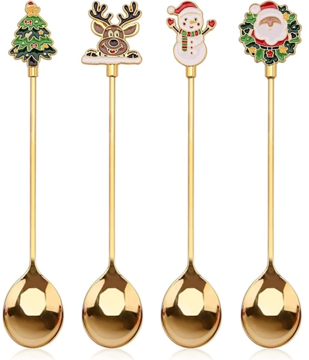 Teaspoons - 4 spoons - Christmas tableware - Silver dessert spoons - Decorated with Christmas trees, reindeer, snowmen and Santa Claus - Suitable for desserts, tea and soup - Image 1