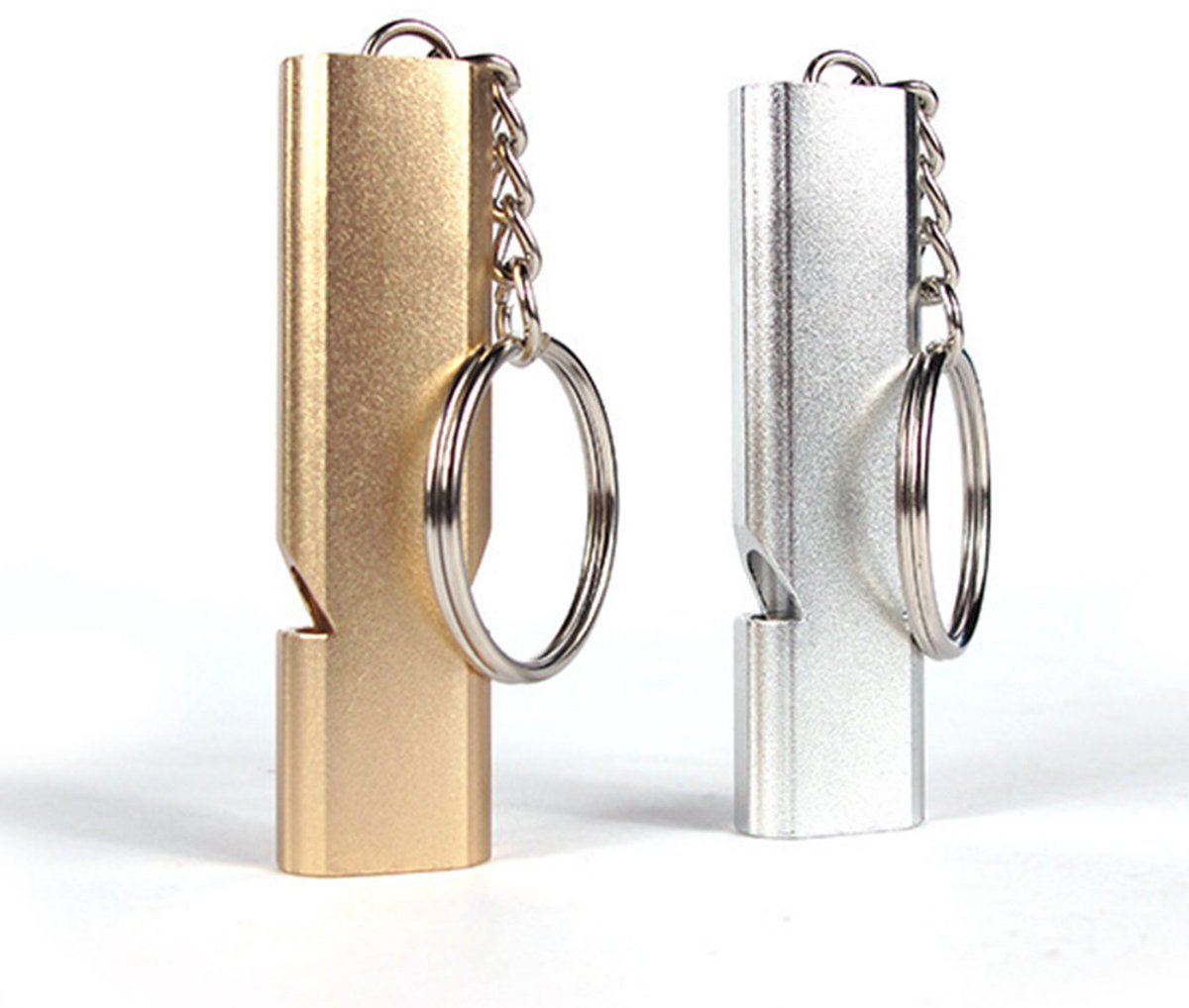 Whistles - Emergency Survival Whistles - Set of 2 - Extra Loud Aluminum Whistles for Outdoor Use - Slim Double-Barrel Rescue Whistles - Suitable for Swim Training, Camping, Hiking, Hunting, Boating and Other Activities (Gold + Silver) - Image 1