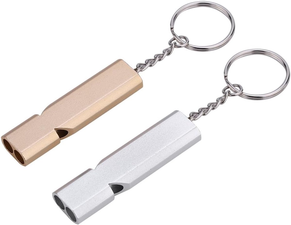 Whistles - Emergency Survival Whistles - Set of 2 - Extra Loud Aluminum Whistles for Outdoor Use - Slim Double-Barrel Rescue Whistles - Suitable for Swim Training, Camping, Hiking, Hunting, Boating and Other Activities (Gold + Silver) - Image 2