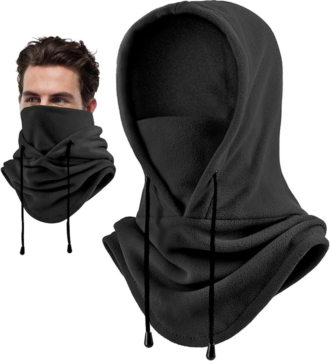 Hooded Scarf - Drawstring Scarf - Windproof Face Mask - Warm Face Mask - Scarf - Black - Motorcycle Neck Warmer - Suitable for winter activities such as skiing, running, cycling, motorcycling, picnicking and mountaineering. - Image 1