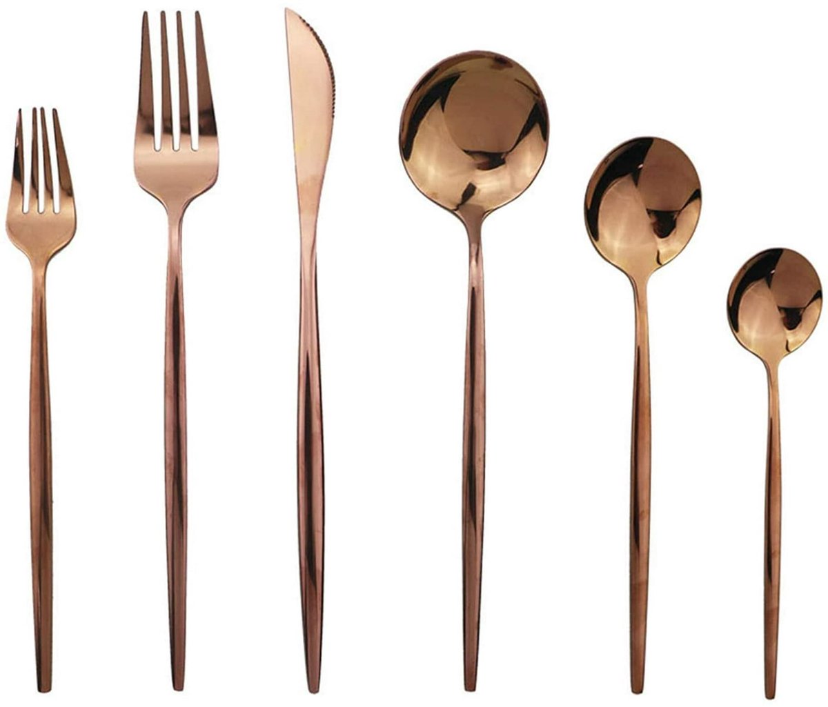 Cutlery Set - Mirror-polished copper cutlery set (for 6 persons) - Shiny stainless steel cutlery set (36-piece) - Dinner knife, fork, spoon, dessert fork, salad spoon - Dishwasher safe - Image 1