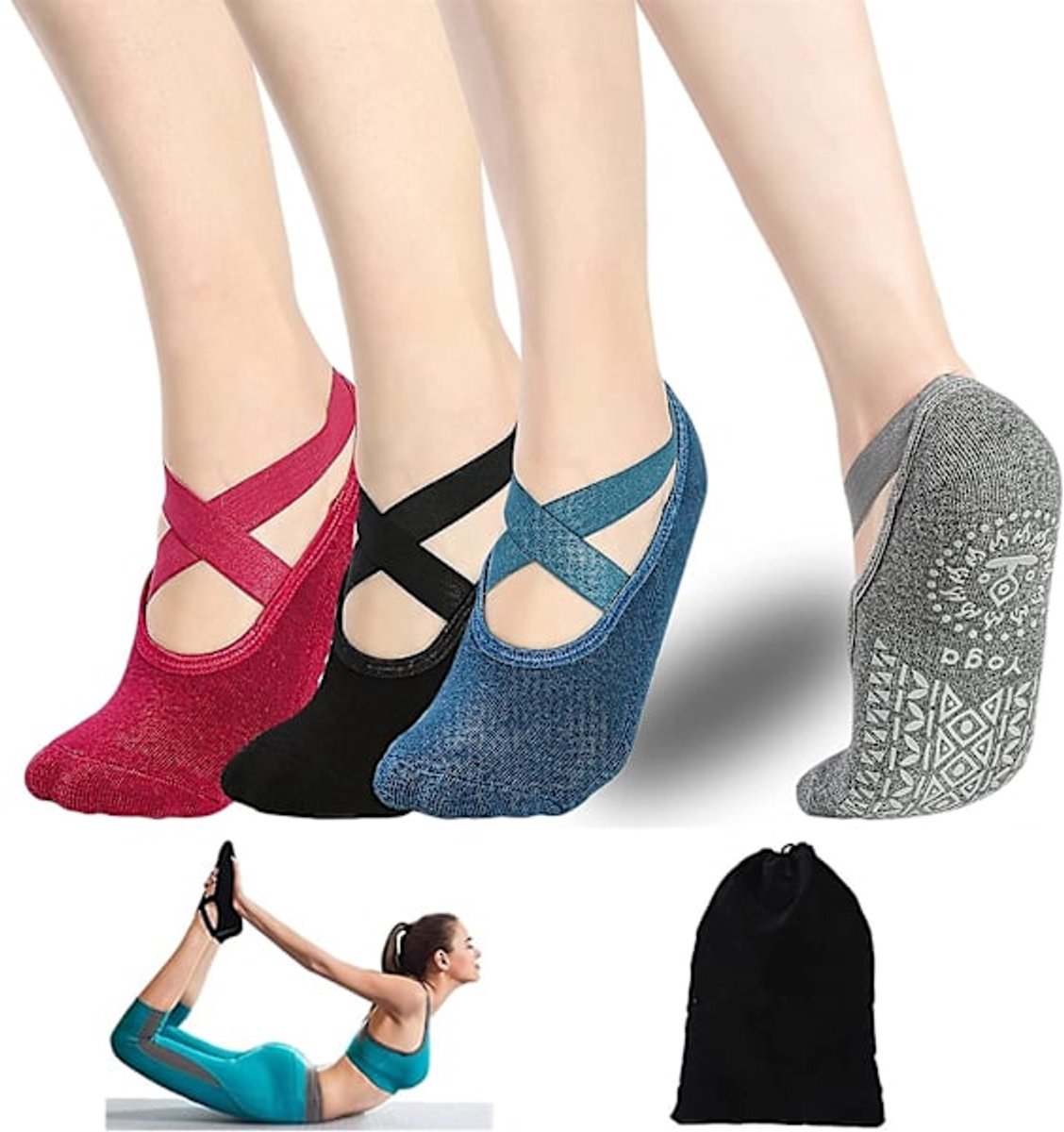4 pairs of socks - yoga socks - non-slip socks - floor socks - yoga sports socks - one size fits all - suitable for ballet, dance, sports - red, blue, black, gray - Image 1