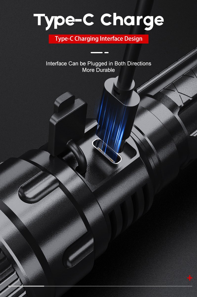 LED Flashlight - With Zoom Function & Waterproof - LED Flashlight - With Zoom Function & Waterproof - Battery-Powered Flashlight - USB Rechargeable - Long Battery Life - 3 Light Modes (Strong / Low / Flash)USB Rechargeable - Long Battery Life - 3 Light Mo - Image 6