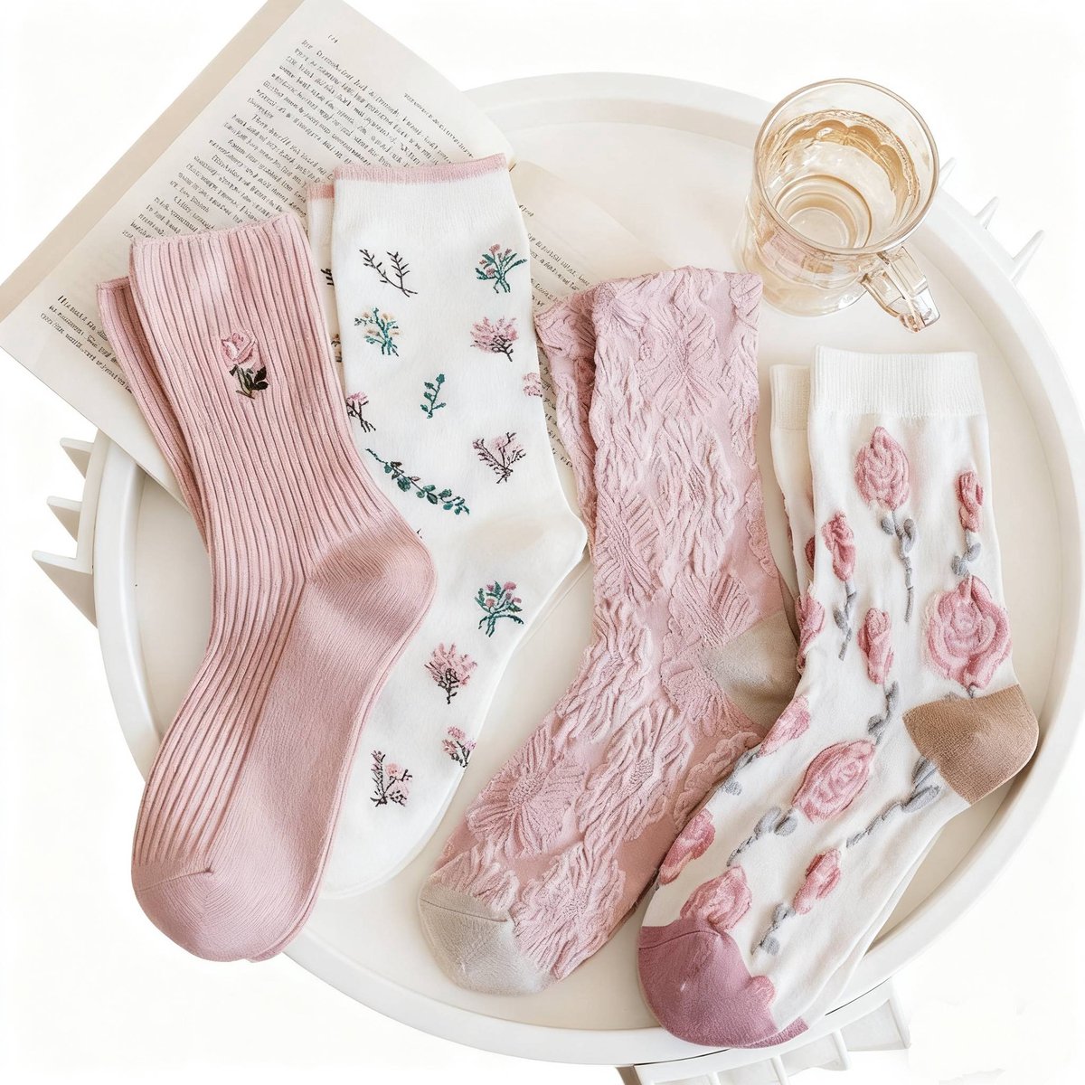 Women's slipper socks (4 pairs) - House socks - Pink socks - Women's autumn and winter socks, with sweet-smelling suede - Vintage print embroidered women's socks - Image 1