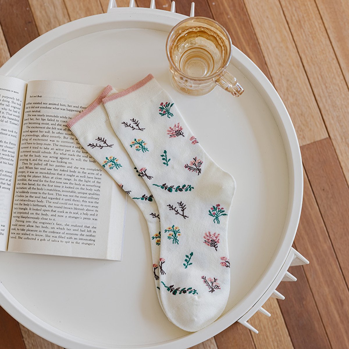 Women's slipper socks (4 pairs) - House socks - Pink socks - Women's autumn and winter socks, with sweet-smelling suede - Vintage print embroidered women's socks - Image 7