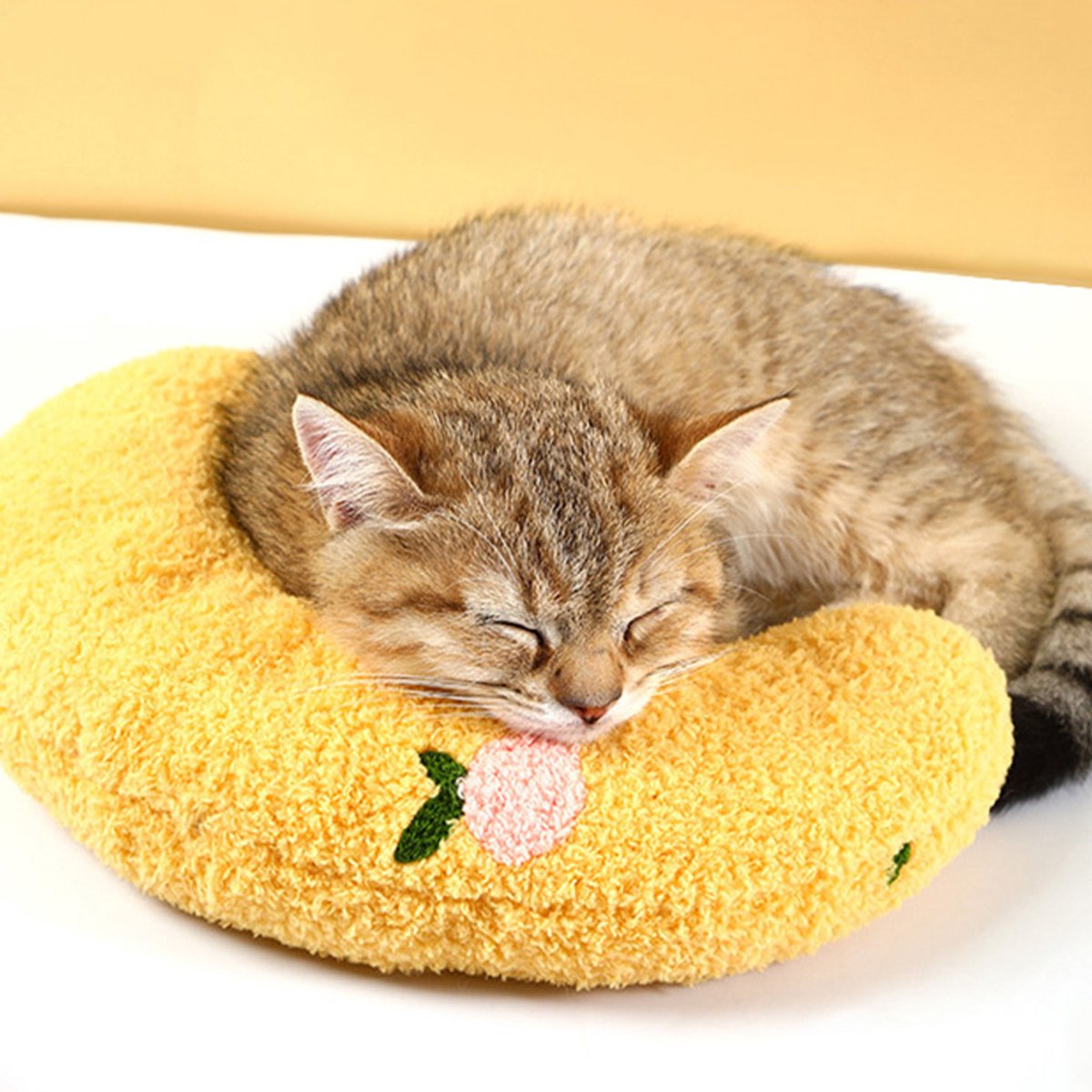 Pet Cushion - Soft Plush Pet Cushion - Cute Patterned Pet Mat - Comfortable Neck Support - Suitable for Cats and Dogs - Yellow - Image 1