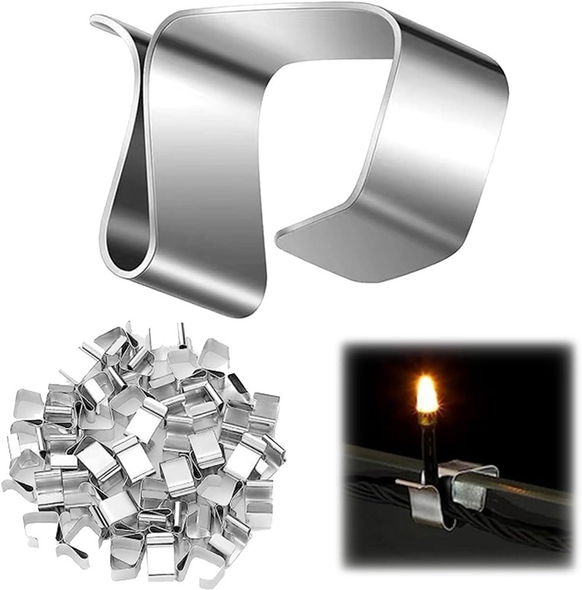 Pack of 100 pieces - Christmas light hooks - Hooks for outdoor lighting - Christmas light clips - Hanging hooks for Christmas lights, kitchen lights, etc. - Stainless steel metal cable clips with clamps - Cable clips - Image 1
