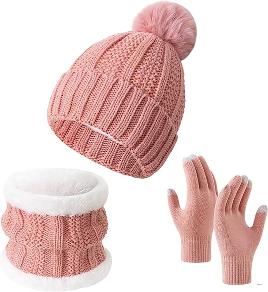 Gloves, hat and scarf - three-piece set - winter knitwear - lined with fleece and thickened - warm and cold resistant - pink - Image 1