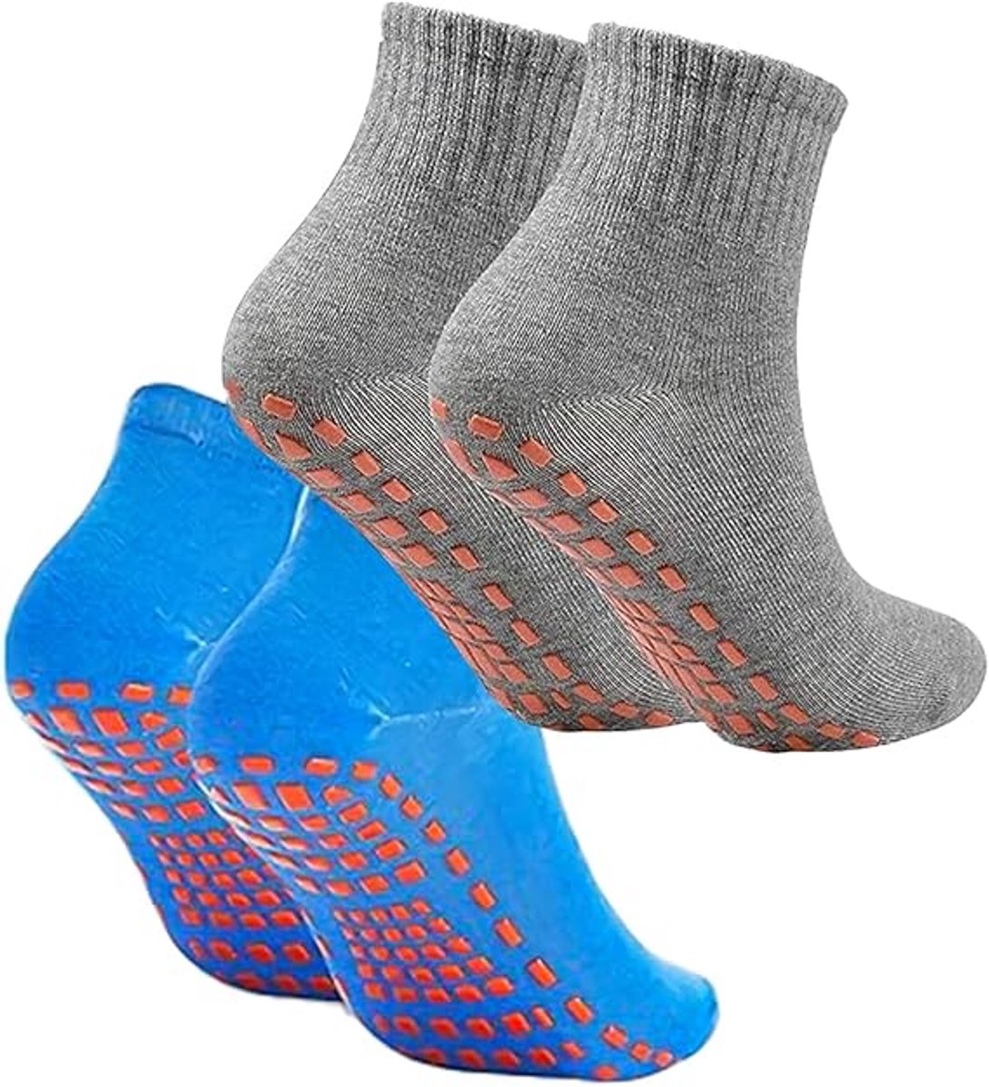 Non-slip socks (2 pairs) - Yoga socks - Non-slip yoga socks for women - Non-slip sports socks for adults - 100% cotton - Sports - Yoga - Pilates - Gymnastics - Trampoline socks - Blue - Gray - Sizes 36-43 - Image 1