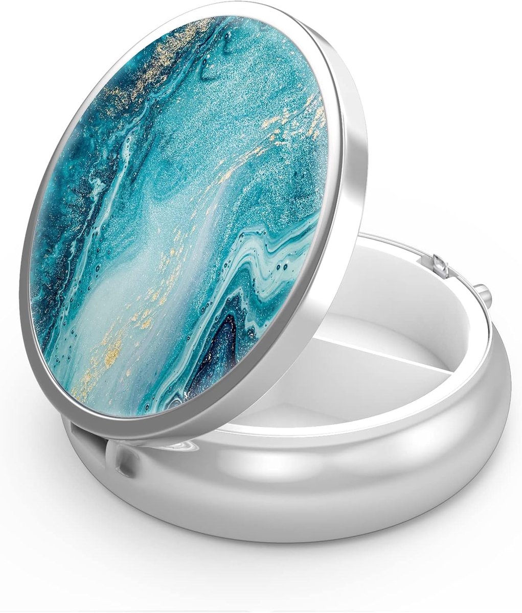 Pill Box - Three-Compartment Pill Box - Portable Pill Box - Fits in Pocket or Purse - Decorative Metal Medicine and Vitamin Storage Box - Unique Gift (Blue Quicksand) - Image 1