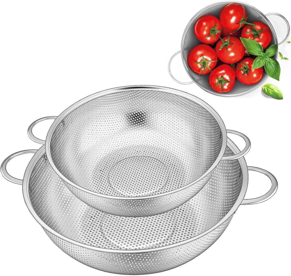 2-piece vegetable draining rack set made of stainless steel - with handles - drip tray on top - suitable for draining pasta, vegetables, fruit and rice - dishwasher safe - 2-piece set - diameters 22.5 cm and 19.5 cm - Image 1