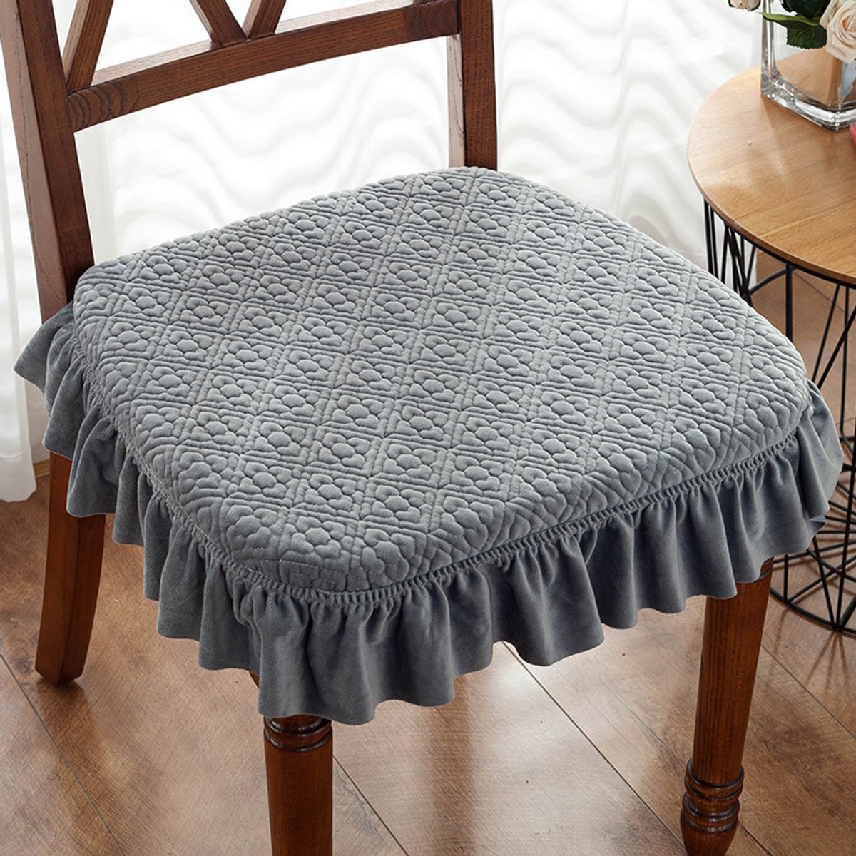 Ruffle Solid Chair Cushion - Firm Farmhouse Chair Cushion with Ruffles - Removable Seat Cushion with Locking Option for Wooden Dining Chairs (Dark Gray, 17.7*17.7 Inches) - Image 1