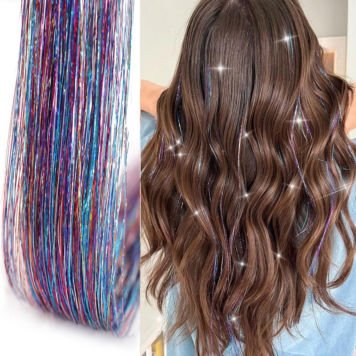 Hair Tinsels - Festival Hair Extensions - Glitter Hair Extensions - 12-Piece Clip-On Hair Accessory Set - 52 cm, for Christmas and New Year, Glitter Hair Extensions, Suitable for Women, Girls and Children (Rainbow Colors) - Image 1