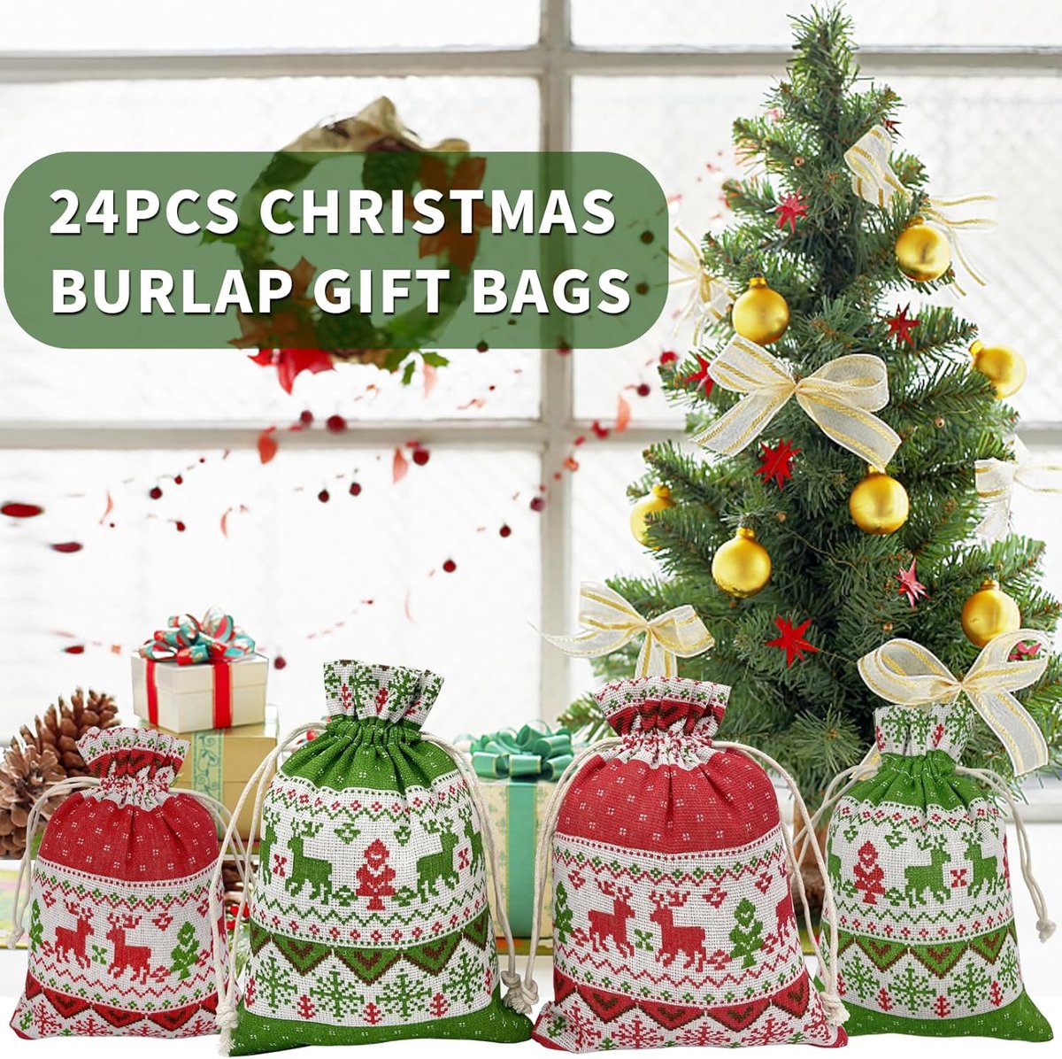 Christmas linen gift bags - 24 pieces - 10x14cm - Christmas decoration for indoors - Reusable - Christmas candy bags with drawstring - Suitable for gift bags for children's parties during the Christmas holidays - Image 2