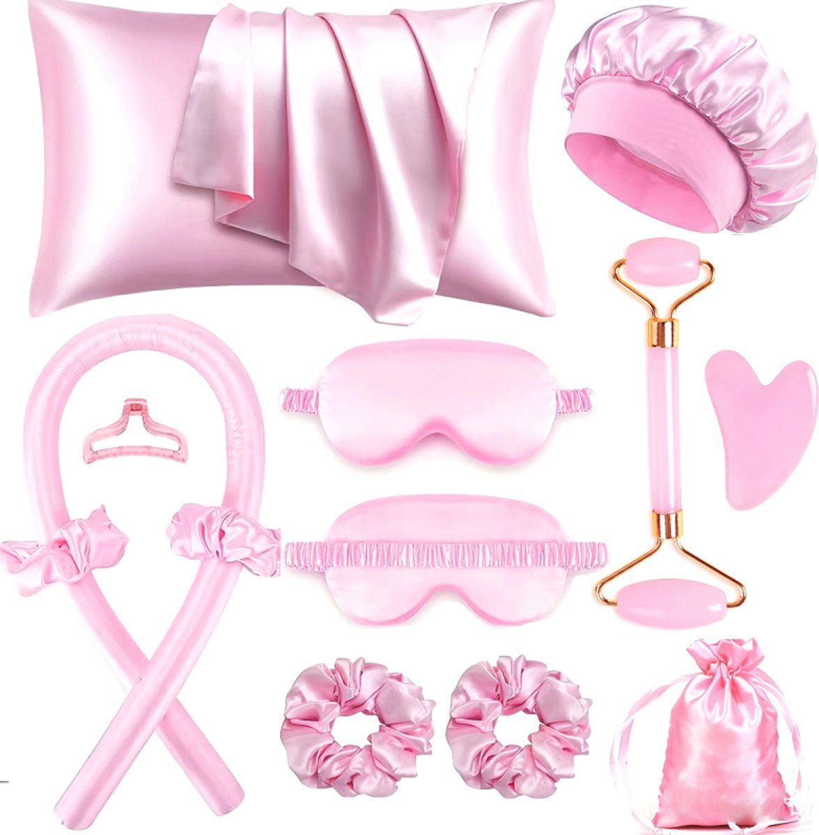 Hair Rollers - 12-Piece - Heatless Curling Iron - Heatless Curls - Curls without Heat - Includes Hair Clip and Satin Sleep Cap (Pink) - Image 1