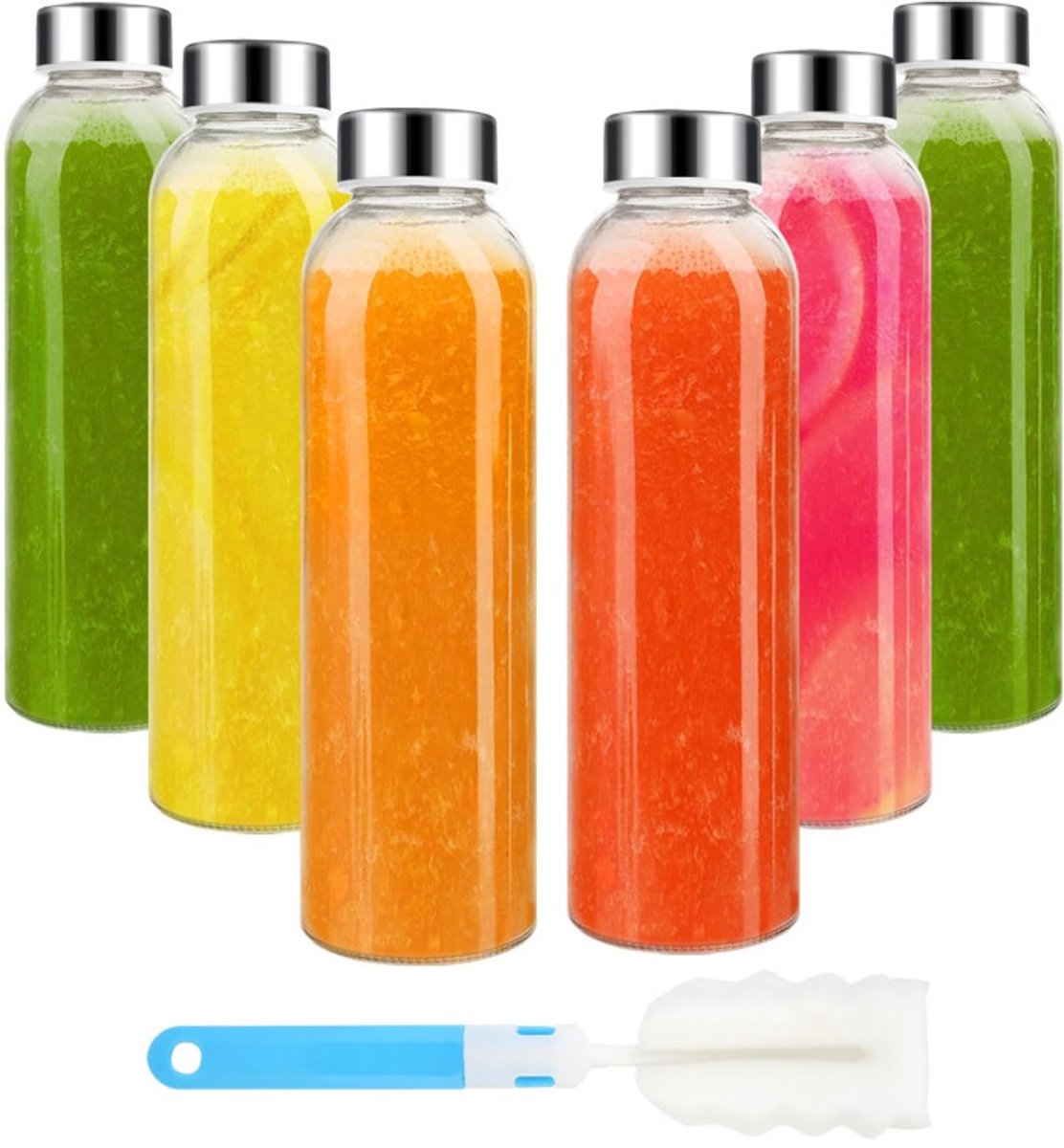 Glass Bottles - Set of 6 - 16oz Glass Juice Bottles for Drinking, Juicing & Tea Brewing with Lids - Leak-proof Set for Fridge Storage - Image 1
