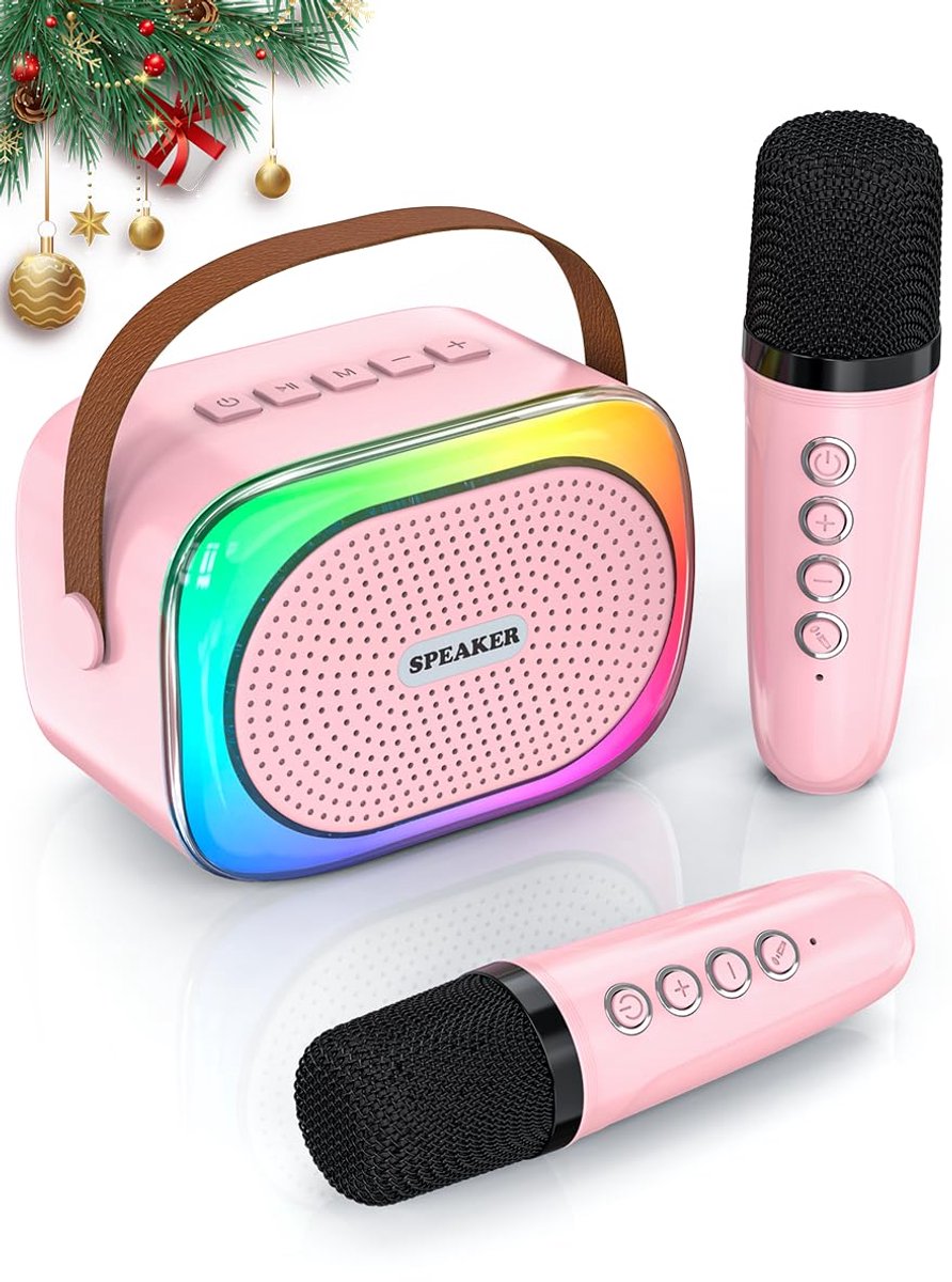 Karaoke Set for Kids - Portable Bluetooth Speaker for Car - Equipped with 2 Karaoke Microphones - Voice Changer and LED Lights - Ideal Birthday Gift for Teens and Kids - Pink - Image 1