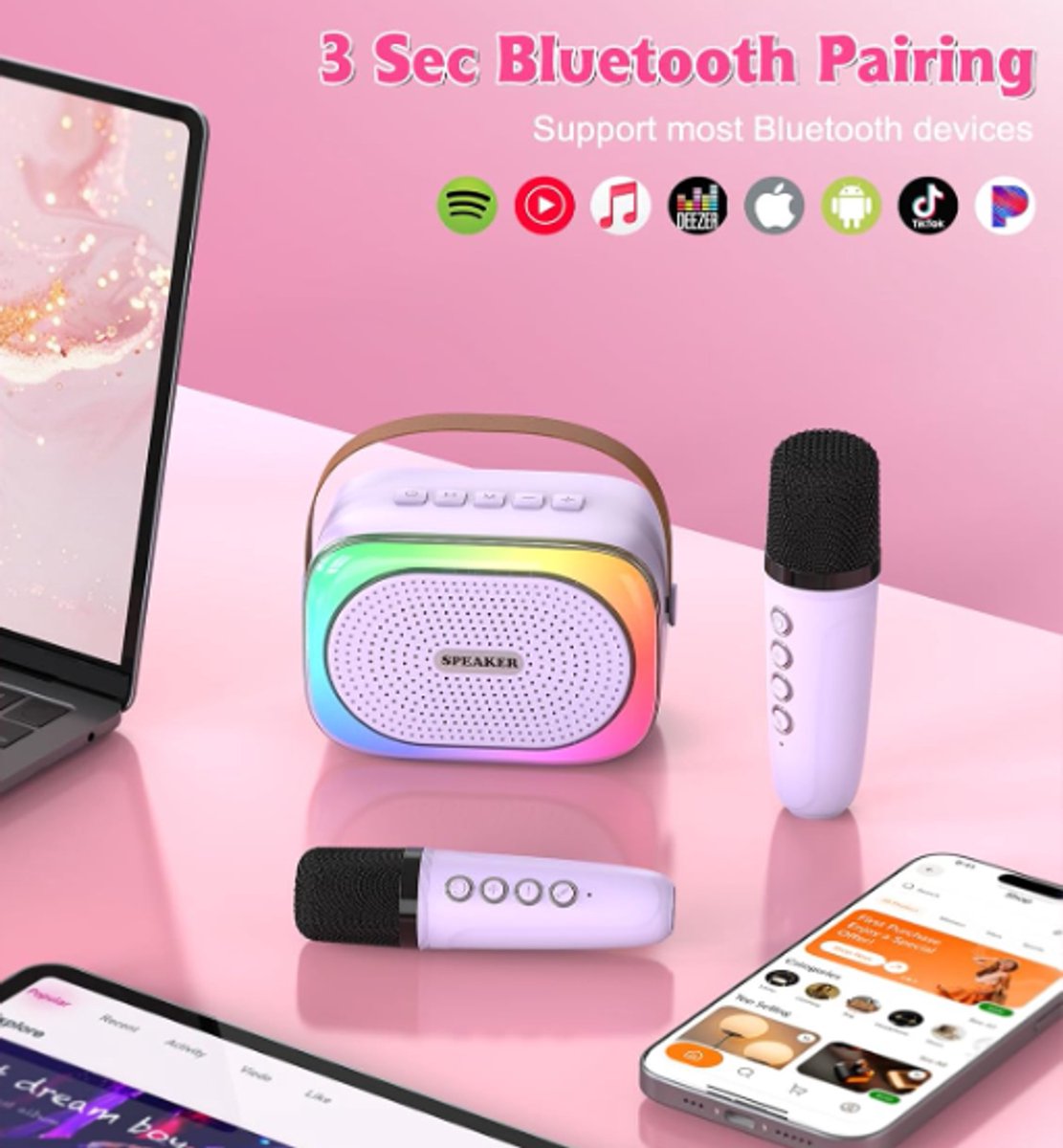 Karaoke Set for Kids - Portable Bluetooth Speaker for Car - Equipped with 2 Karaoke Microphones - Voice Changer and LED Lights - Ideal Birthday Gift for Teens and Kids - Pink - Image 2