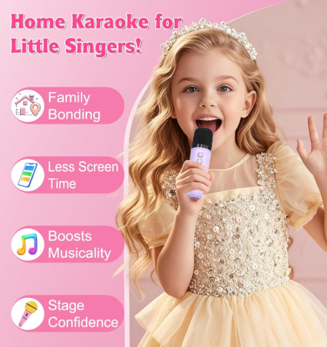 Karaoke Set for Kids - Portable Bluetooth Speaker for Car - Equipped with 2 Karaoke Microphones - Voice Changer and LED Lights - Ideal Birthday Gift for Teens and Kids - Pink - Image 3