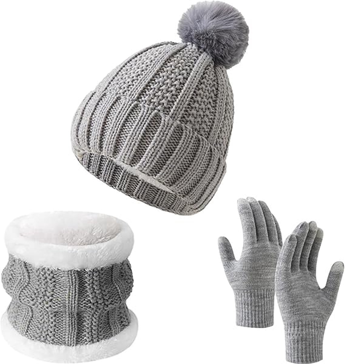 Gloves, hat and scarf - three-piece set - winter knitwear - lined with fleece and thickened - warm and cold resistant - gray - Image 1